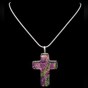 HANDMADE DICHROIC ART FUSED GLASS CROSS NECKLACE